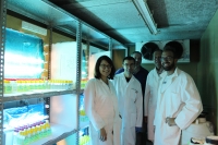 Grupo de investigacin de la UCO que trabaja en torno a la biologa de bacteras marinas en una cmara con muestras